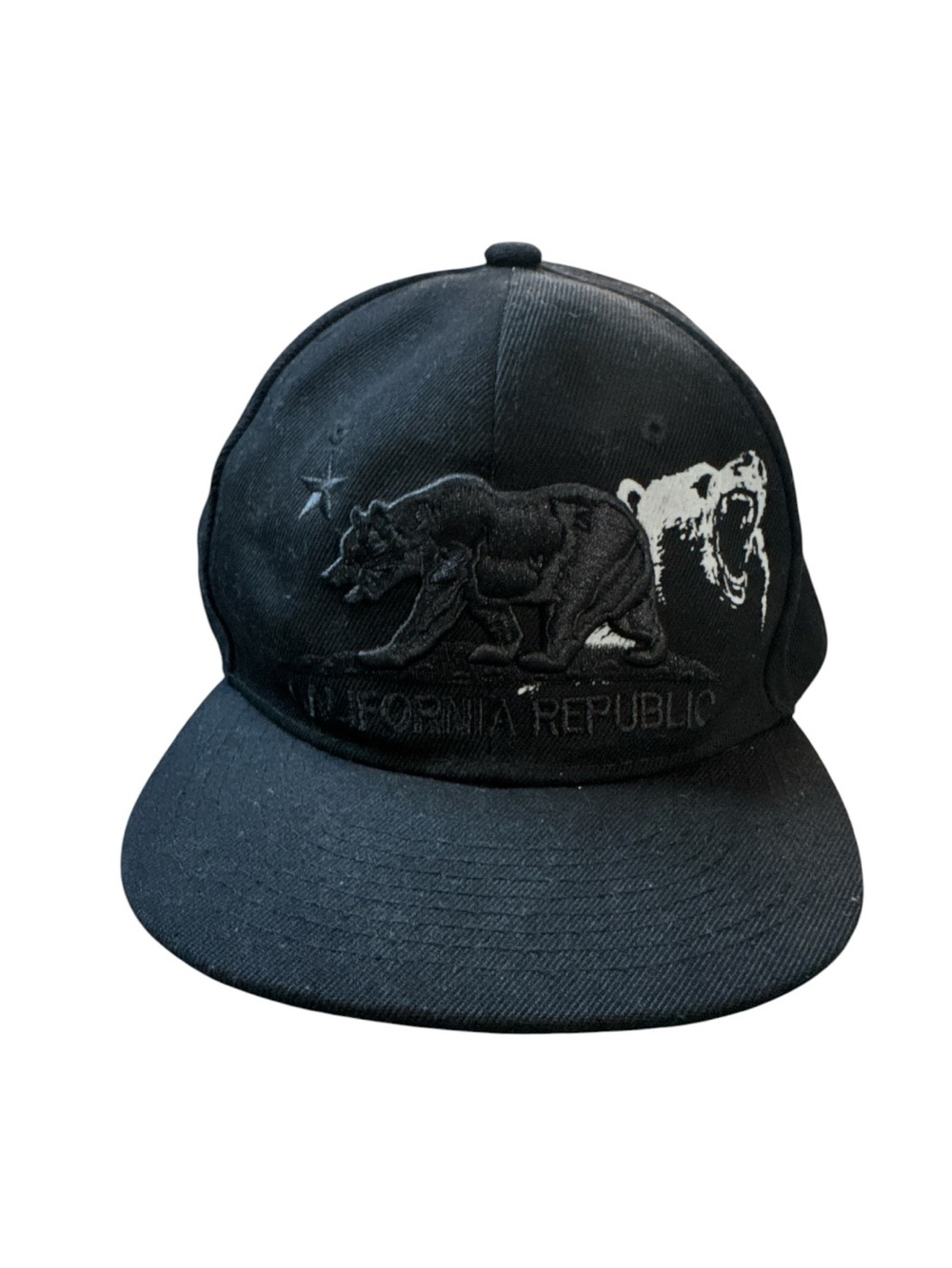California Republic Black Embroidered Snapback Hat with Bear Patchwork Design